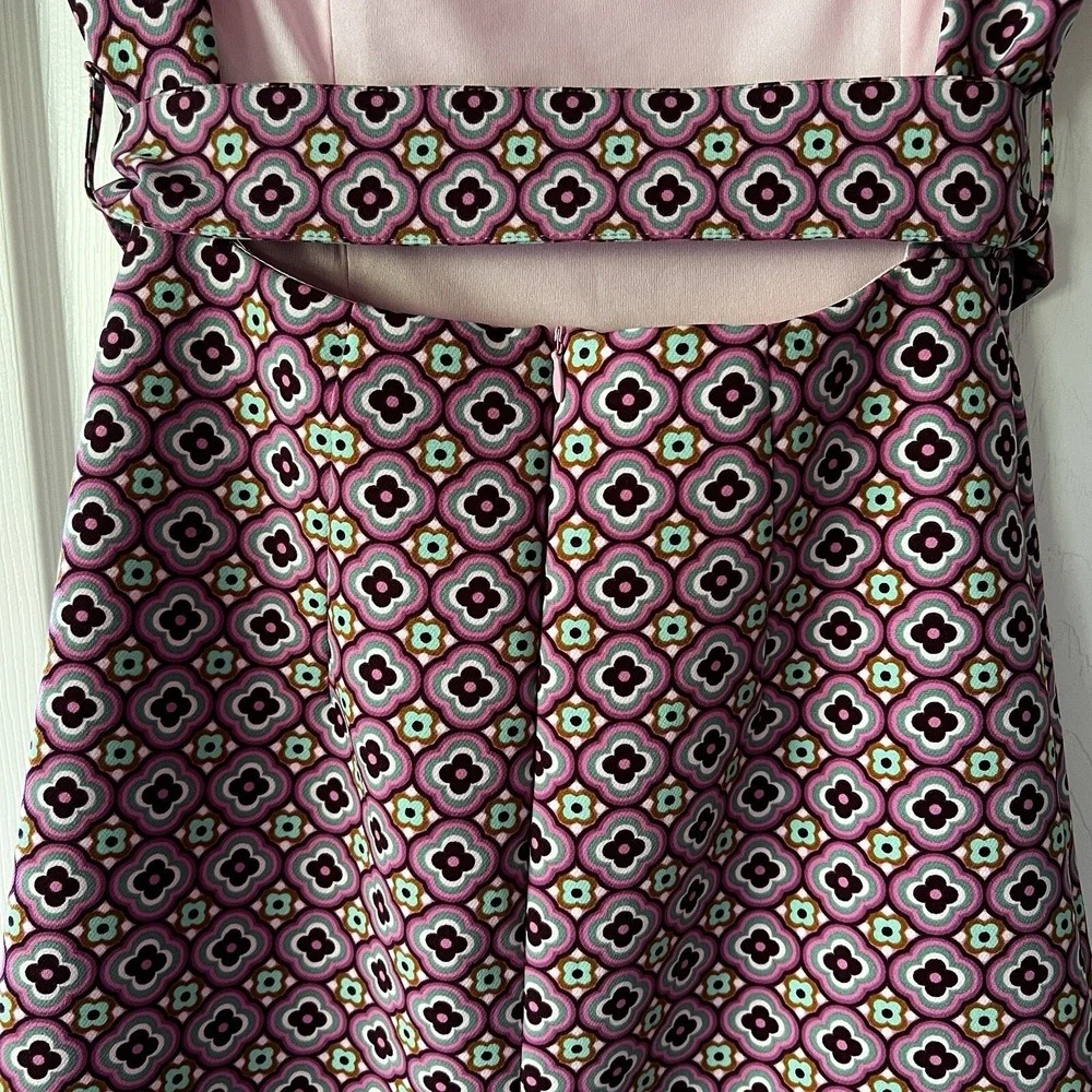 Zara Retro Print Open Back Mini Dress Pink Size Med preppy 70s mod belted barbie - Picture 8 of 16